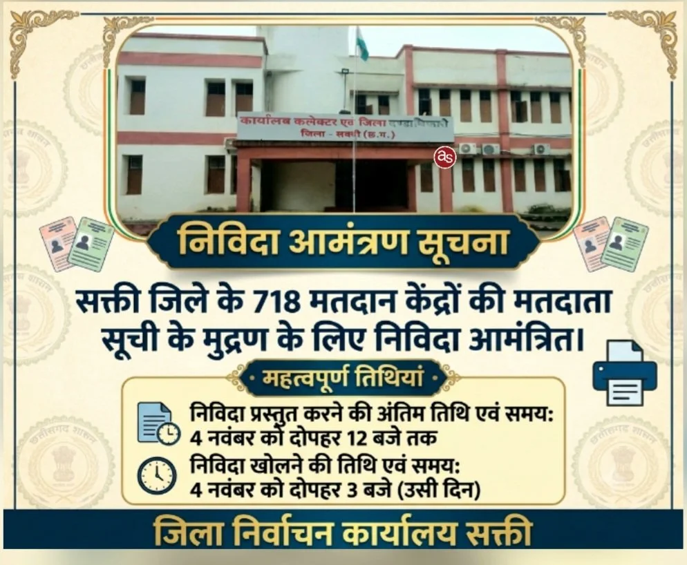 सक्ती जिले के 718 मतदान केंद्रों की मतदाता सूची के मुद्रण के लिए निविदा आमंत्रित ..